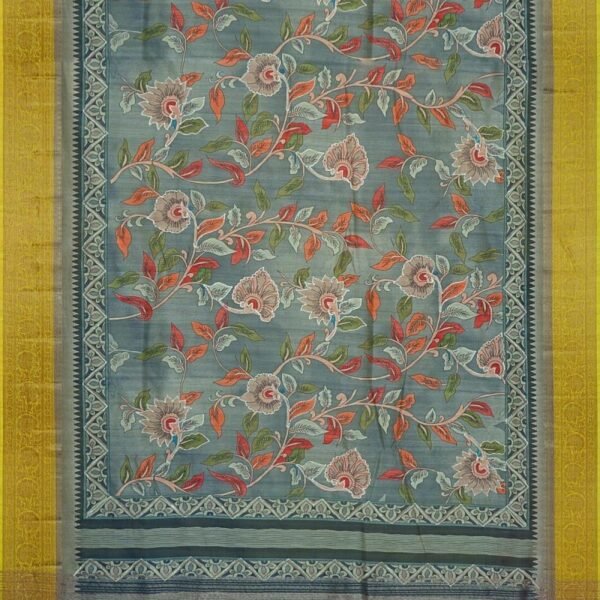 GREY and LEMON YELLOW KALAMKARI PRINT CHANDERI Saree with BANARASI FANCY - Image 3