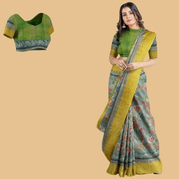 GREY and LEMON YELLOW KALAMKARI PRINT CHANDERI Saree with BANARASI FANCY