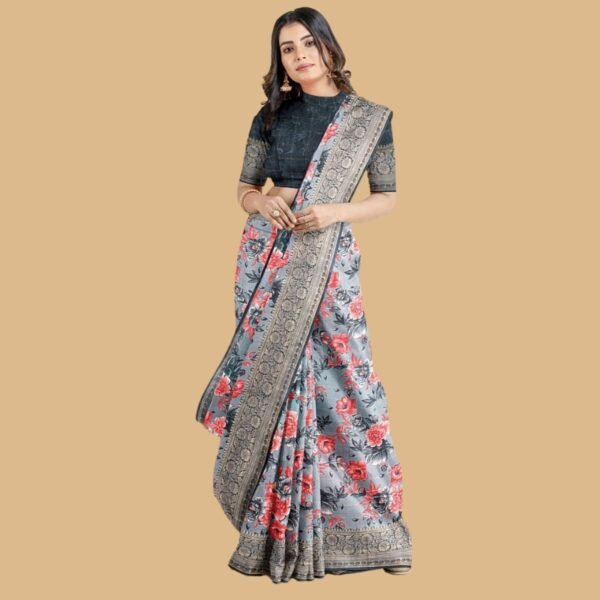 GREY and MULTI CHECKS & FLORALS SILK Saree with BANARASI FANCY