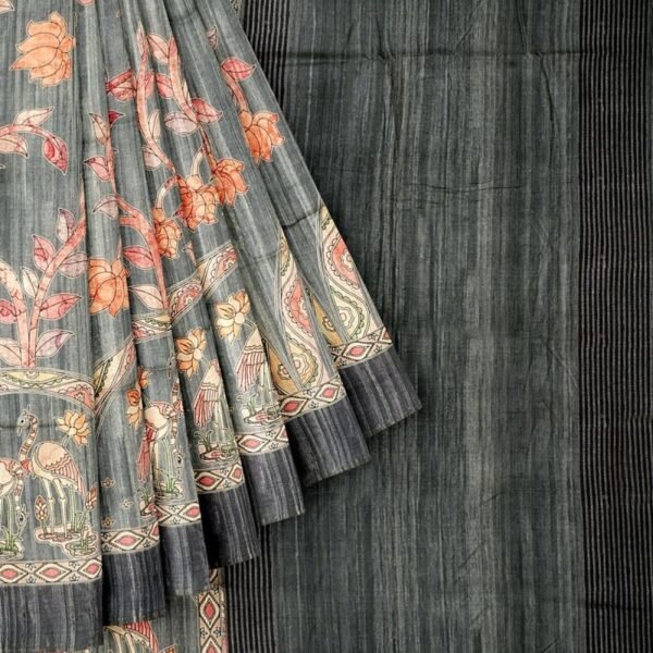 GREY and MULTI KALAMKARI PRINT SILK Saree with FANCY - Image 2