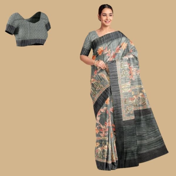 GREY and MULTI KALAMKARI PRINT SILK Saree with FANCY