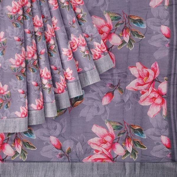 GREY and PINK FLORALS LINEN Saree with FANCY - Image 2