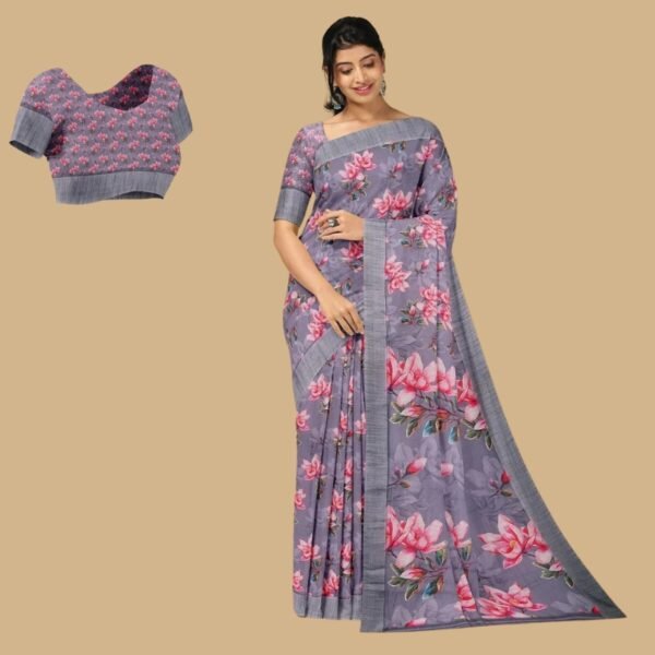GREY and PINK FLORALS LINEN Saree with FANCY