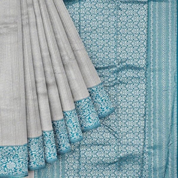 GREY and TEAL WOVEN DESIGN SILK Saree with BANARASI FANCY - Image 2