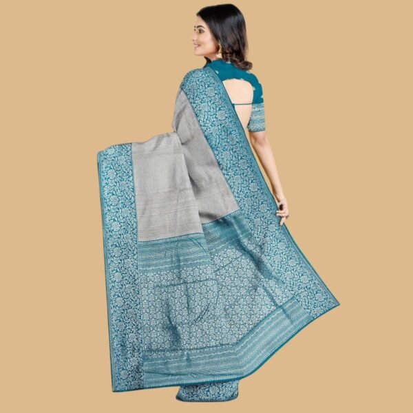GREY and TEAL WOVEN DESIGN SILK Saree with BANARASI FANCY - Image 3