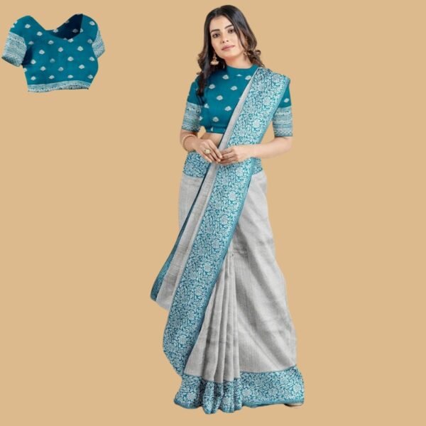 GREY and TEAL WOVEN DESIGN SILK Saree with BANARASI FANCY