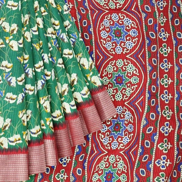 Georgette Badla Zari Weaving Floral Print Dark Green And Red Saree - Image 2