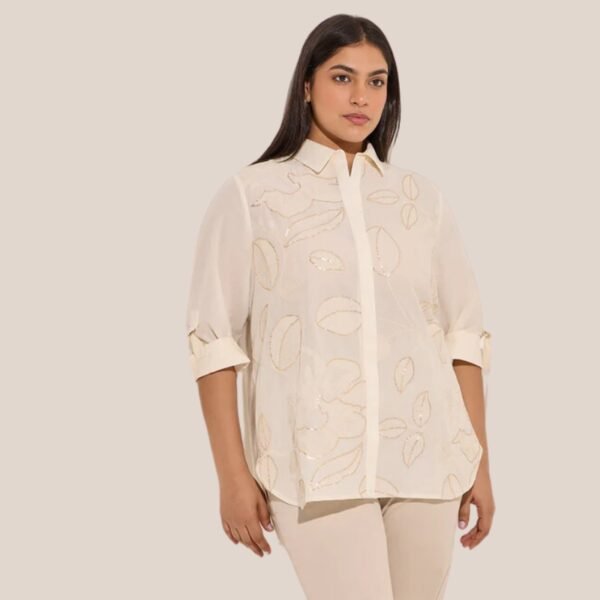 Gia Off-White Leaf Embroidered Cotton Shirt - Image 3