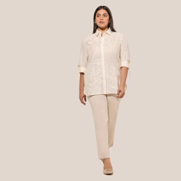 Gia Off-White Leaf Embroidered Cotton Shirt