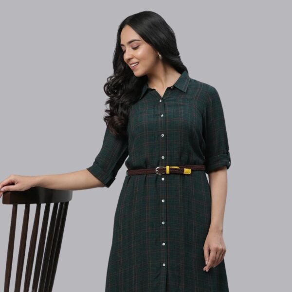 Green Checker Shirt Dress with Belt - Image 3