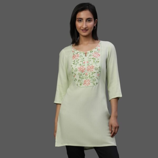 Green Floral Thready Embroidered Short Kurti