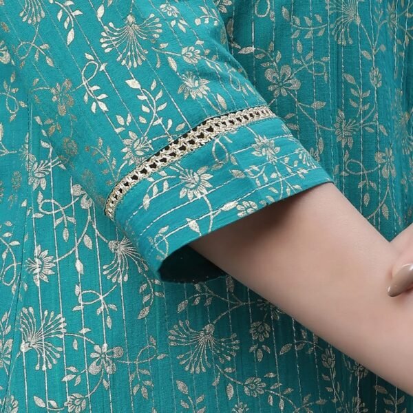 Green Foil Printed Festive Kurta with Sequin Lace - Image 2