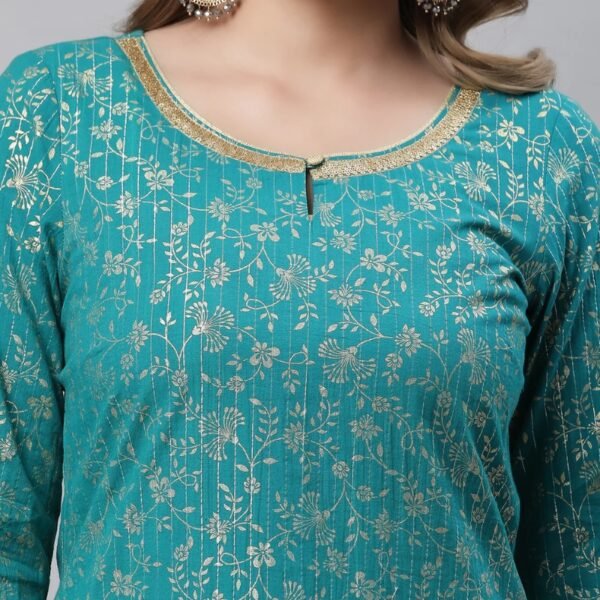 Green Foil Printed Festive Kurta with Sequin Lace - Image 3