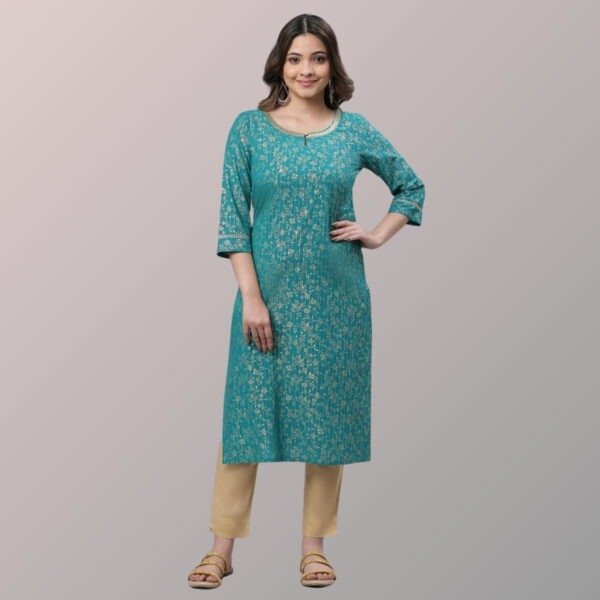 Green Foil Printed Festive Kurta with Sequin Lace