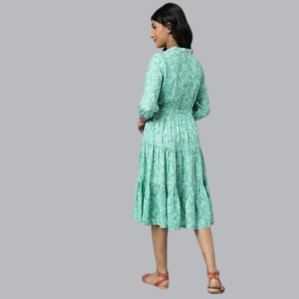 Green Shirt Collar Floral Printed LIVA Dress - Image 2