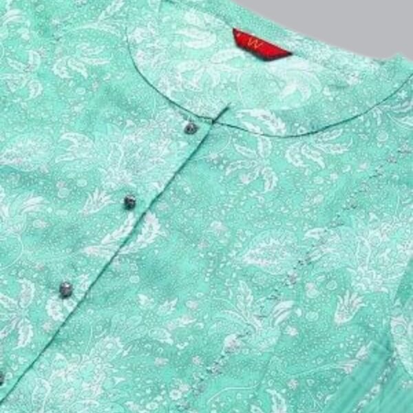 Green Shirt Collar Floral Printed LIVA Dress - Image 3