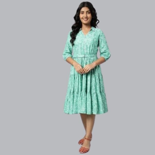 Green Shirt Collar Floral Printed LIVA Dress