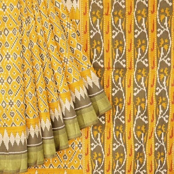 Ikkath Silk Ikkath Design Musturd Yellow And Green Saree - Image 2