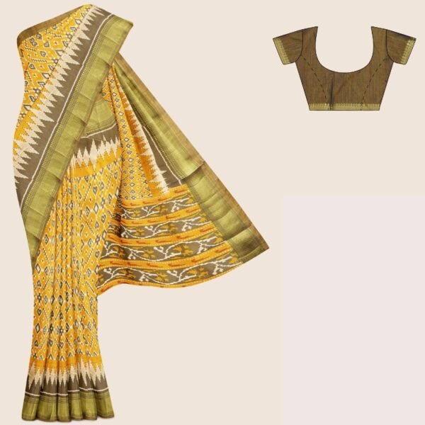 Ikkath Silk Ikkath Design Musturd Yellow And Green Saree