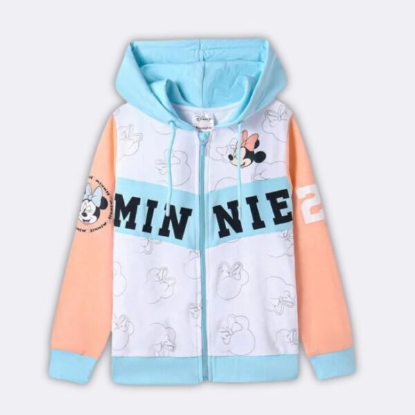 HoneyHap Disney Cut & Sew Hooded Full Sleeves Sweat Jackets With Minnie Mouse Graphics - Blue White & Peach