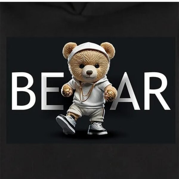 KAVEE Pure Cotton Warm Fleece Full Sleeves Bear Text Printed Hooded Sweatshirt - Black - Image 4