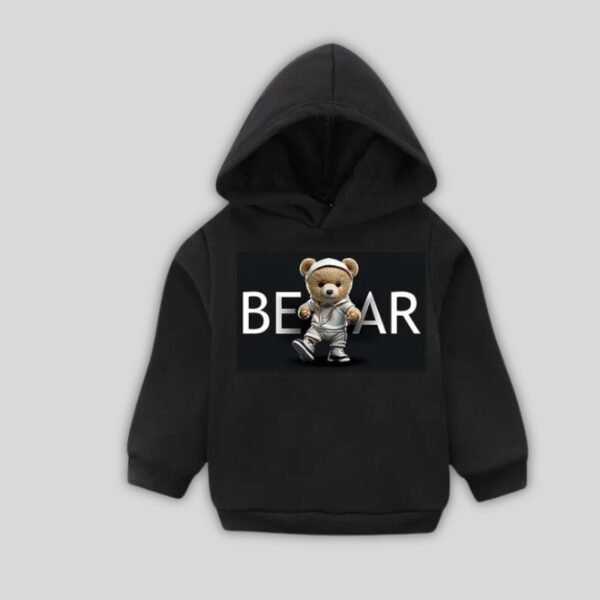 KAVEE Pure Cotton Warm Fleece Full Sleeves Bear Text Printed Hooded Sweatshirt - Black