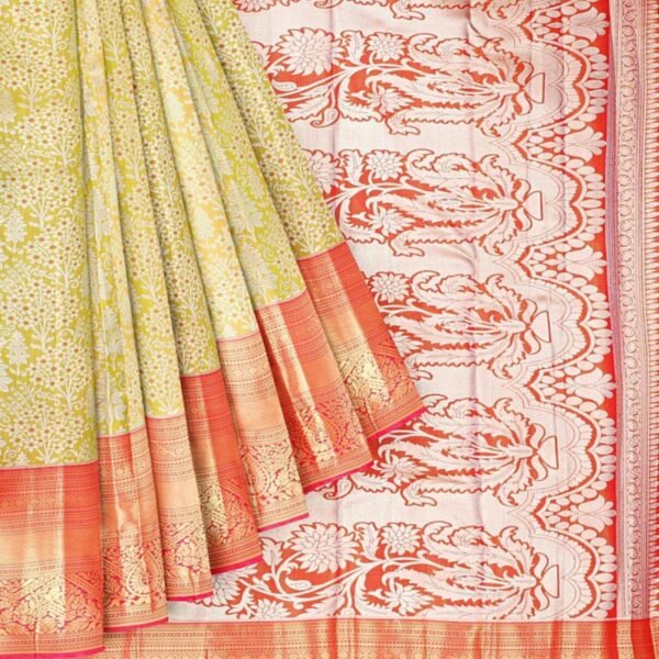 LIGHT GREEN and BRICK FLORAL JAAL SILK BLEND Saree with SEMI PATTU - Image 2