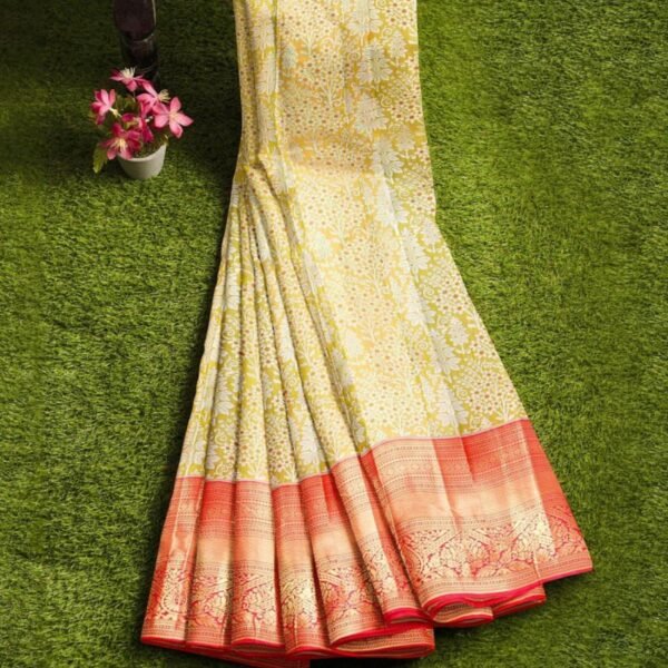 LIGHT GREEN and BRICK FLORAL JAAL SILK BLEND Saree with SEMI PATTU - Image 3