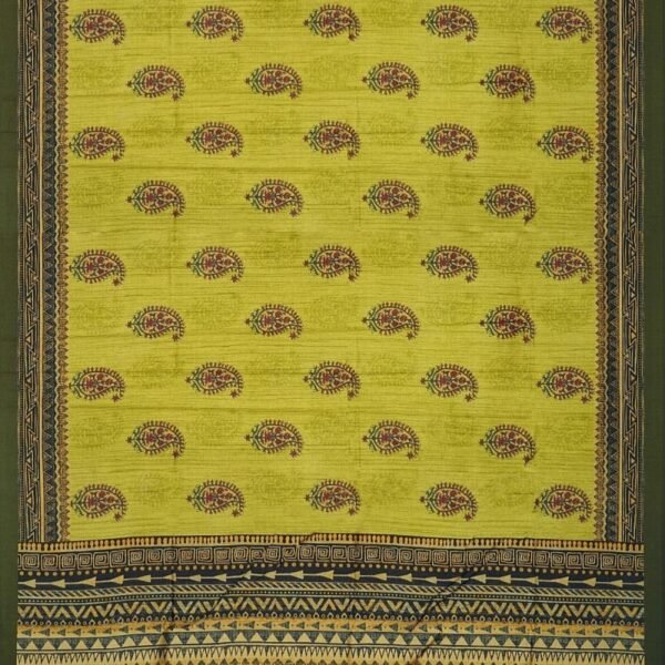 LIGHT GREEN and OLIVE GREEN BOTANICAL PRINT SILK Saree with FANCY - Image 2
