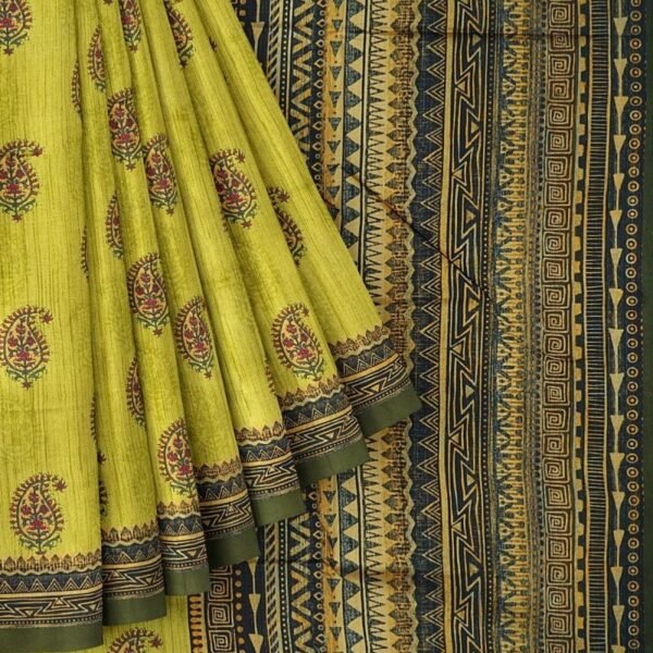 LIGHT GREEN and OLIVE GREEN BOTANICAL PRINT SILK Saree with FANCY - Image 3