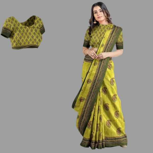 LIGHT GREEN and OLIVE GREEN BOTANICAL PRINT SILK Saree with FANCY