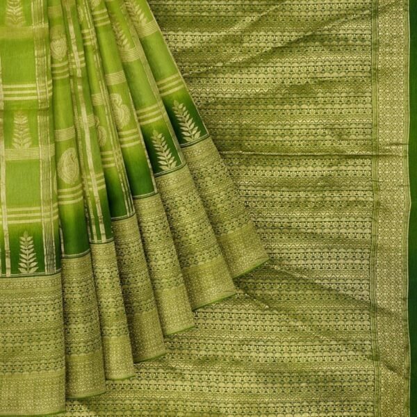 LIGHT GREEN and OLIVE GREEN CHECKS AND BUTTIS MATKA SILK Saree with BANARASI FANCY - Image 2