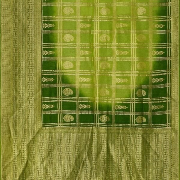 LIGHT GREEN and OLIVE GREEN CHECKS AND BUTTIS MATKA SILK Saree with BANARASI FANCY - Image 3