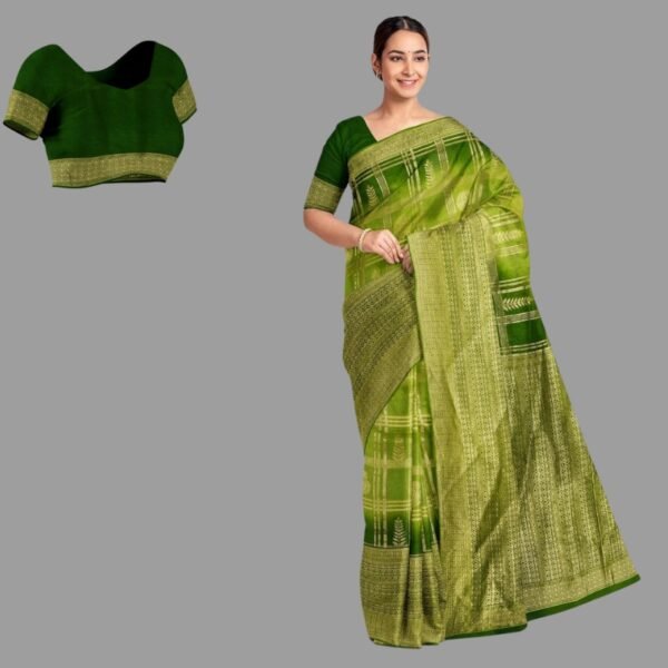 LIGHT GREEN and OLIVE GREEN CHECKS AND BUTTIS MATKA SILK Saree with BANARASI FANCY