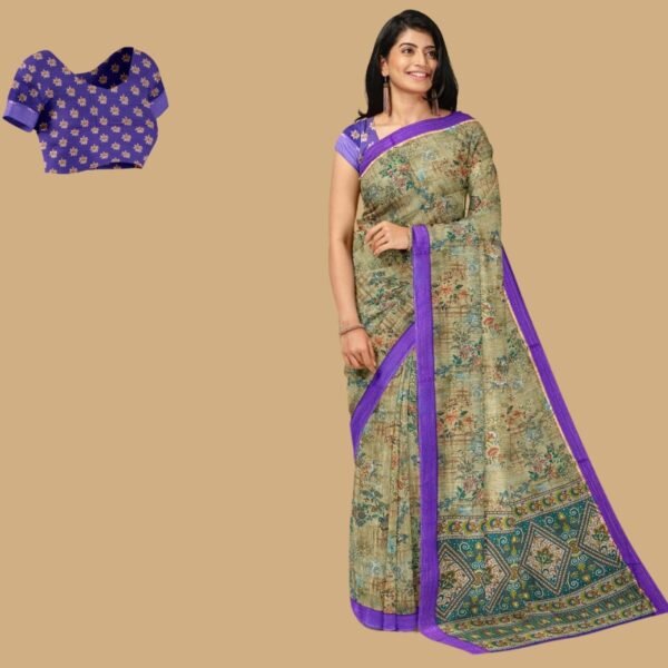 LIGHT OLIVE GREEN and LAVENDER DIGITAL PRINT SILK Saree with FANCY