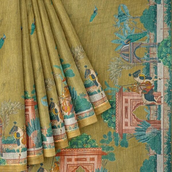 LIGHT OLIVE GREEN and MULTI PEACOCK PRINT SILK Saree with FANCY - Image 2