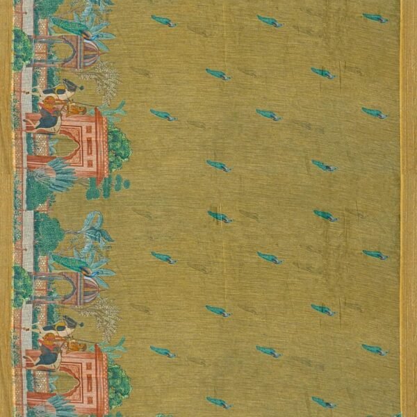 LIGHT OLIVE GREEN and MULTI PEACOCK PRINT SILK Saree with FANCY - Image 3