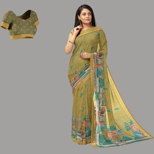 LIGHT OLIVE GREEN and MULTI PEACOCK PRINT SILK Saree with FANCY