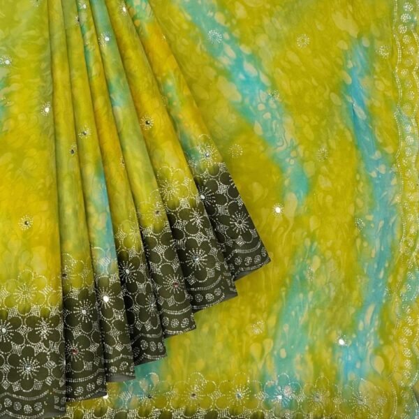 LIME GREEN and OLIVE GREEN SHIBORI PRINT CHIFFON Saree with FANCY - Image 2