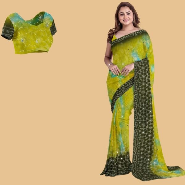 LIME GREEN and OLIVE GREEN SHIBORI PRINT CHIFFON Saree with FANCY