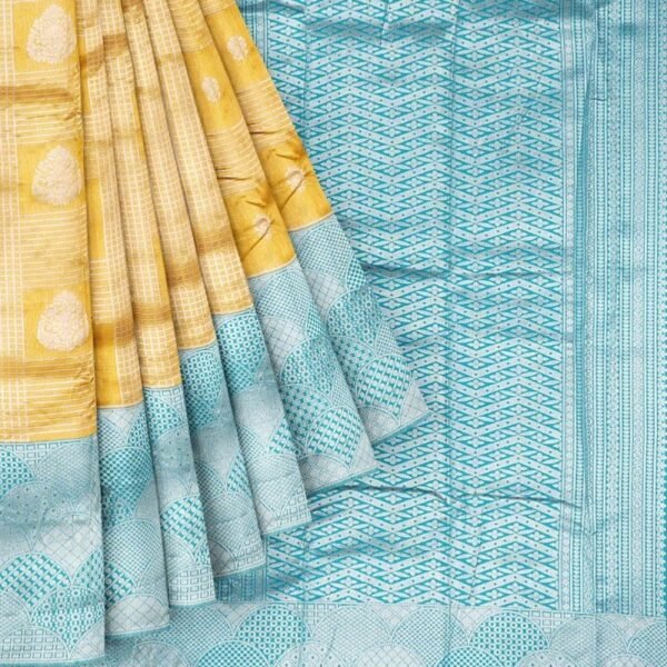 LIME GREEN and TEAL CHECKS AND BUTTIS SILK Saree with BANARASI FANCY - Image 2