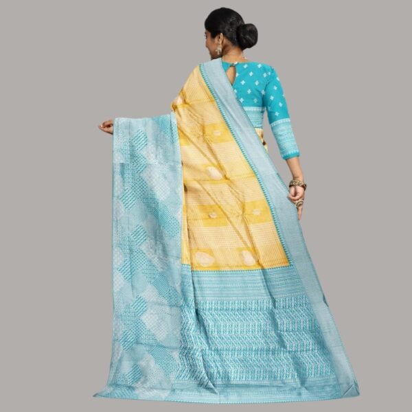 LIME GREEN and TEAL CHECKS AND BUTTIS SILK Saree with BANARASI FANCY - Image 3