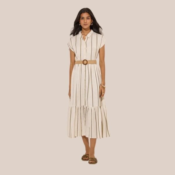 LOV Off-White Striped Tiered Shirt Dress with Belt
