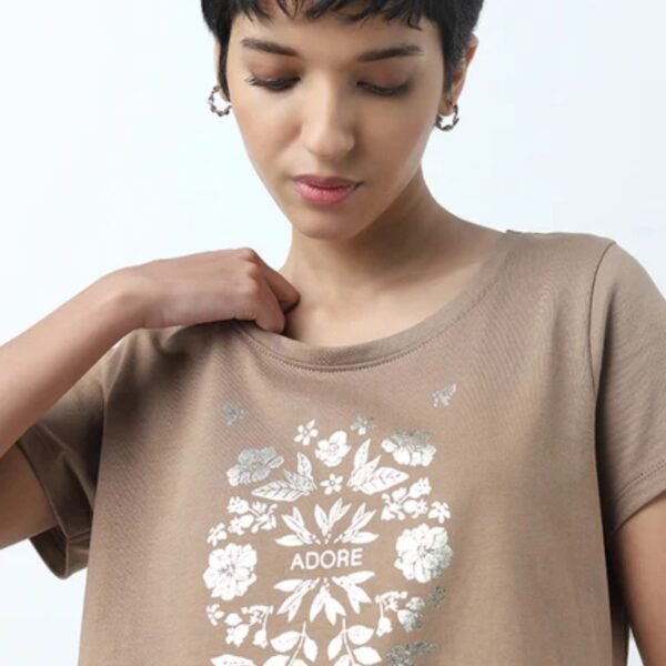 LOV Taupe Floral Design Cotton T-Shirt - Image 3