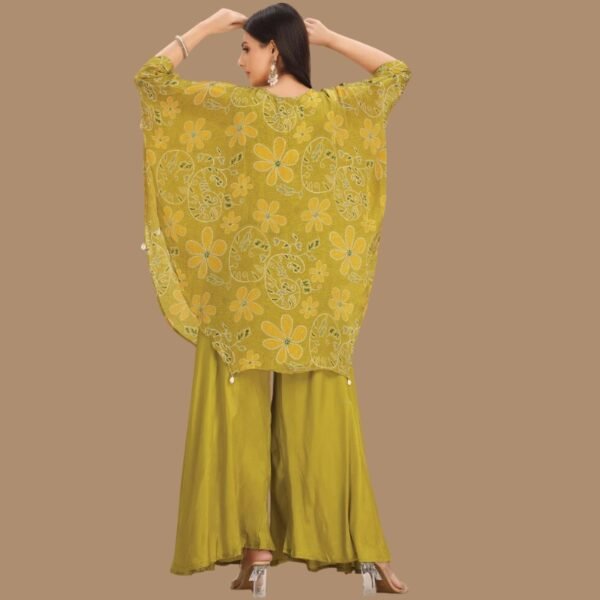 Lime Green Crepe Fusion Indo-Western Kaftan Top and Palazzo Set - Image 2