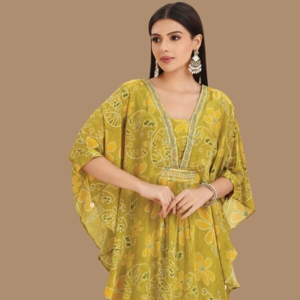 Lime Green Crepe Fusion Indo-Western Kaftan Top and Palazzo Set - Image 3