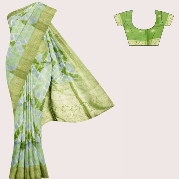 Linen Ikkath Print Gold Zari Weaving Ash With Green Saree