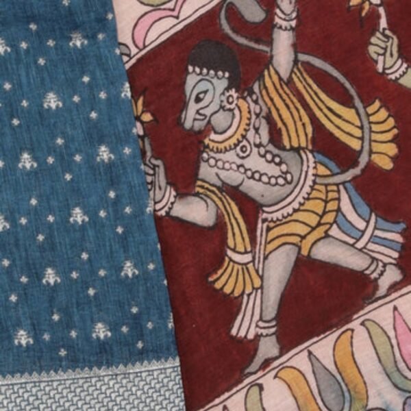 Linen Kalamkari Painted Teal Blue Saree - Image 2