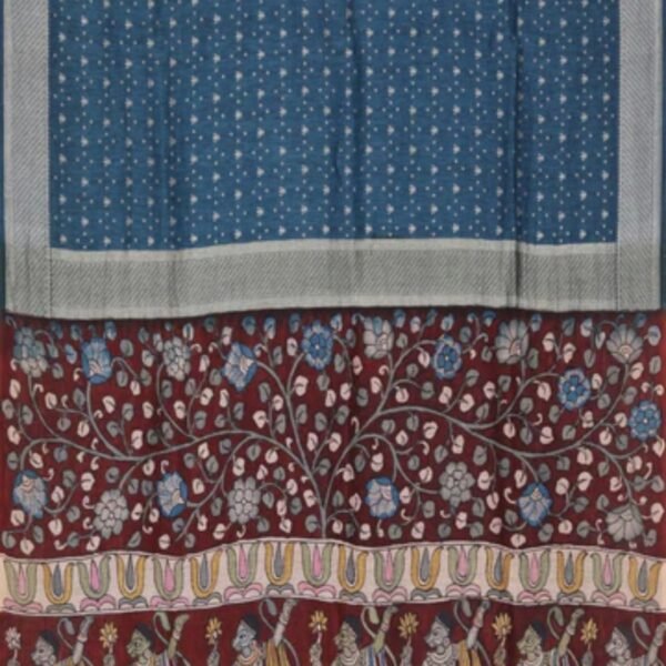 Linen Kalamkari Painted Teal Blue Saree - Image 3