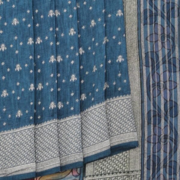 Linen Kalamkari Painted Teal Blue Saree